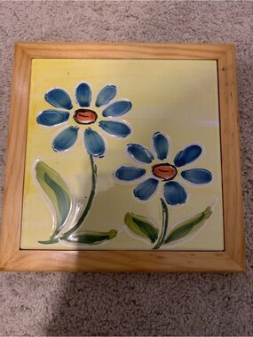 Vintage Himark Floral Ceramic Tile Wood Framed Wall Decor 7” x 7”